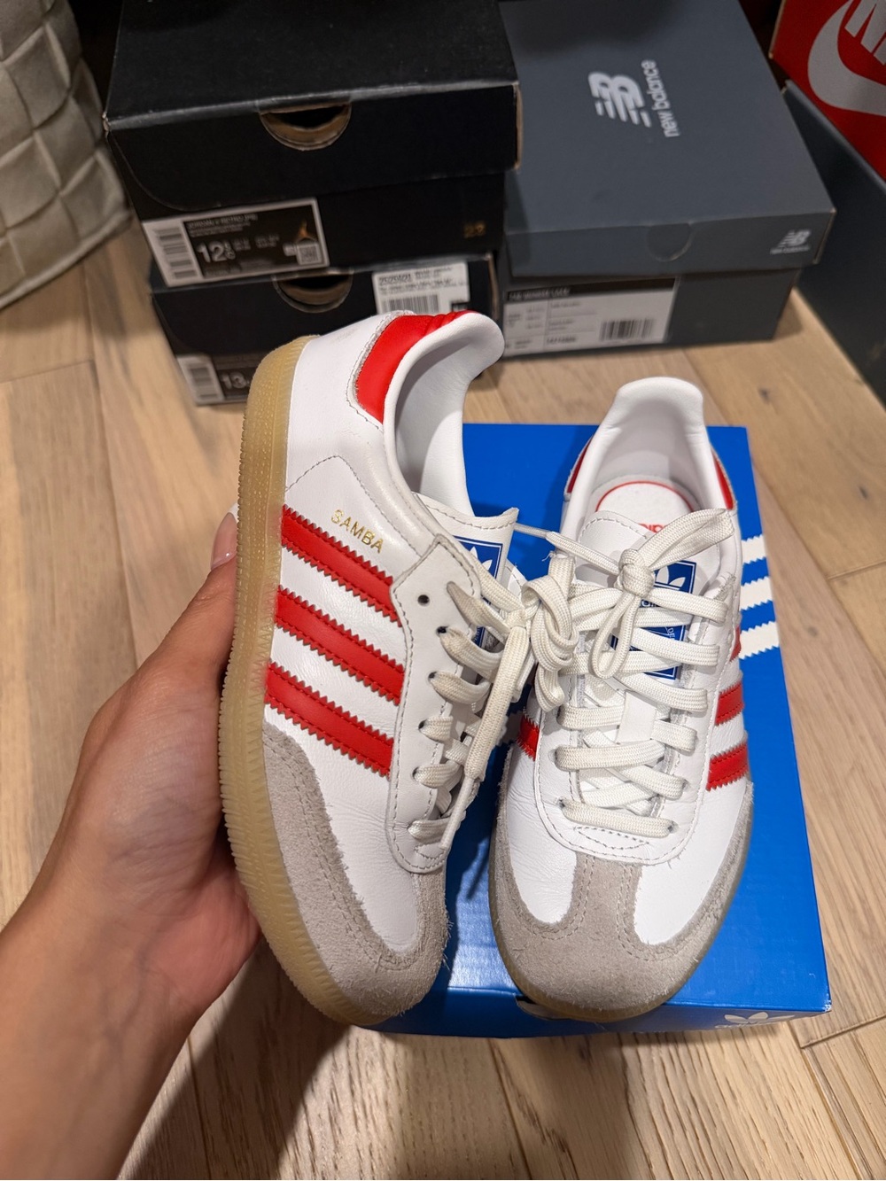 adidas Kids Samba Sneakers in White & Red with Gum Sole